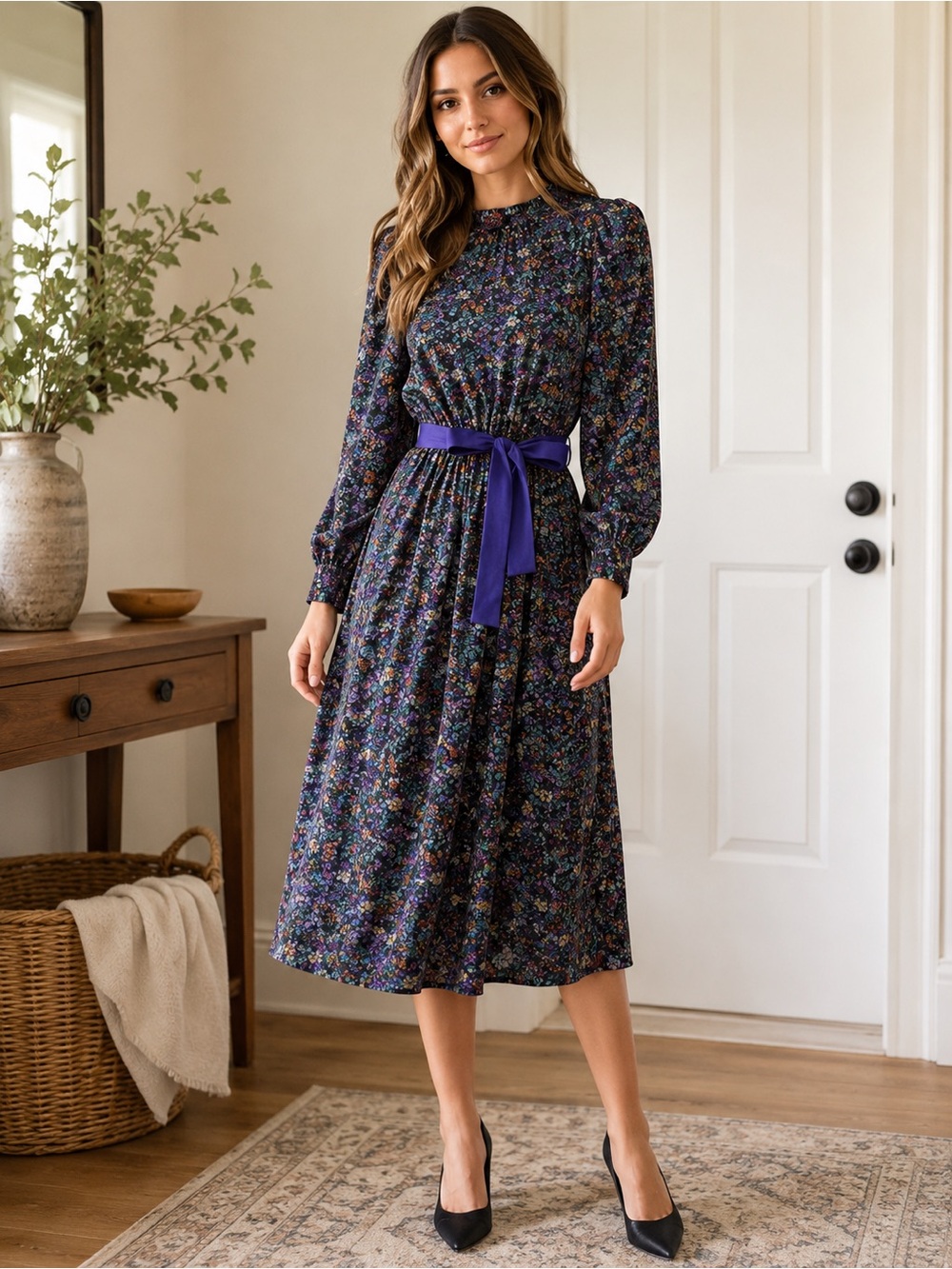 Vintage Dark Floral Midi Dress Long Sleeve Belted Cottagecore Prairie Size 10